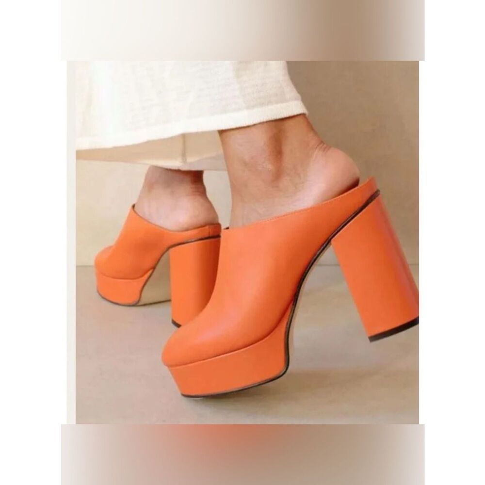 Alohas Clock Out Leather Pomelo Orange Mules Heeled Sandals Size 36/6